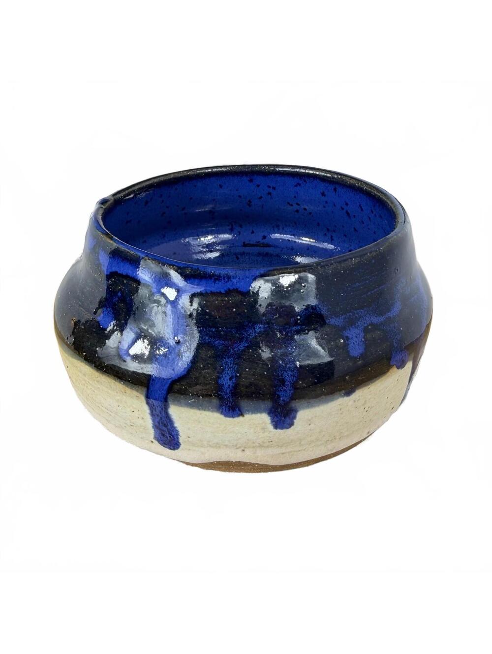 Handmade Studio Art Pottery Blue Drip Glazed Ceramic Bowl Signed